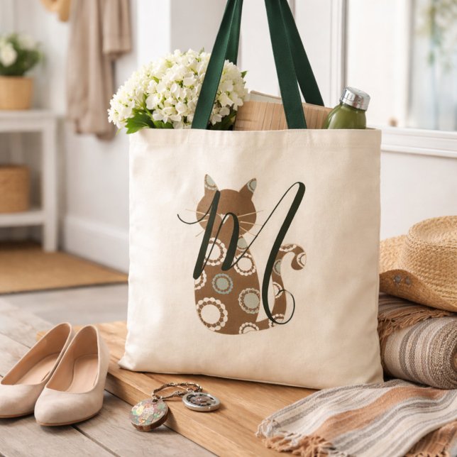 Adorable Brown Cat Monogram Tote Bag (Creator Uploaded)