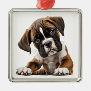 ADORABLE BROWN & WHITE BOXER PUPPY DOG METAL TREE DECORATION