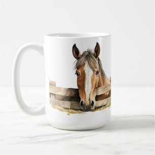 ADORABLE BROWN & WHITE HORSE PEEKING OVER FENCE COFFEE MUG