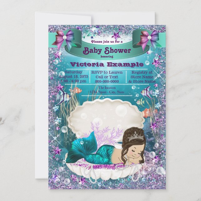 Adorable Brunette Mermaid Princess Baby Shower Invitation (Front)