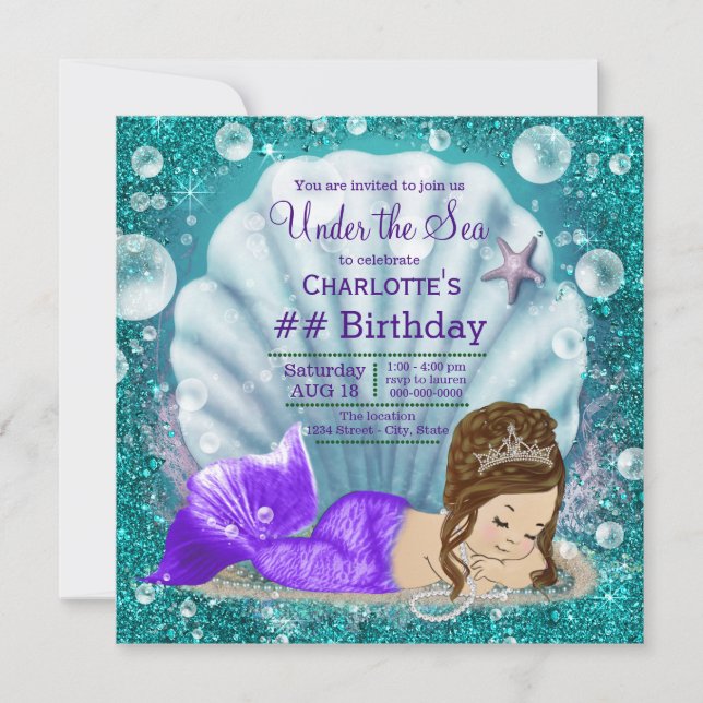 Adorable Brunette Mermaid Under the Sea Birthday Invitation (Front)