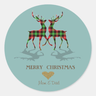 Adorable Buffalo Plaid Reindeers,Heart Classic Round Sticker