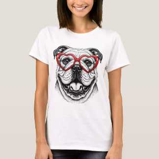 Adorable Bulldog in Red Heart Glasses - Love Dog  T-Shirt