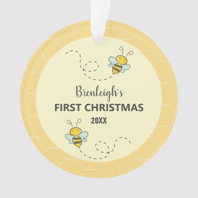 Adorable Bumble Bee First Christmas Custom Ornament (Front)