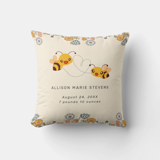 Adorable Bumble Bees & Flowers Baby Birth Stats Cushion (Front)