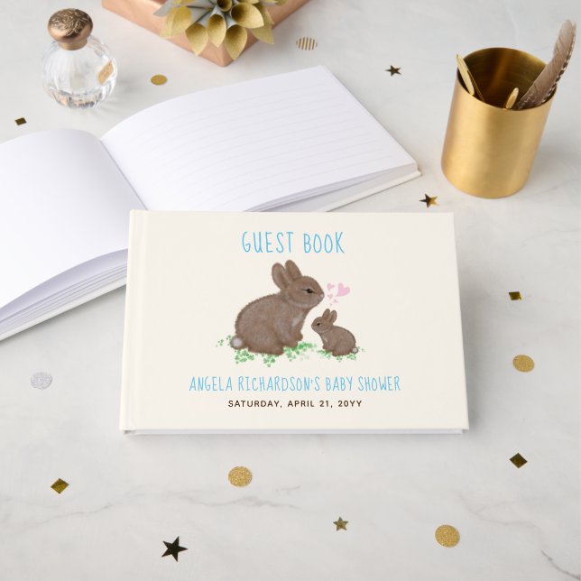 Adorable Bunnies Blue Baby Shower Guest Book (Front Open)