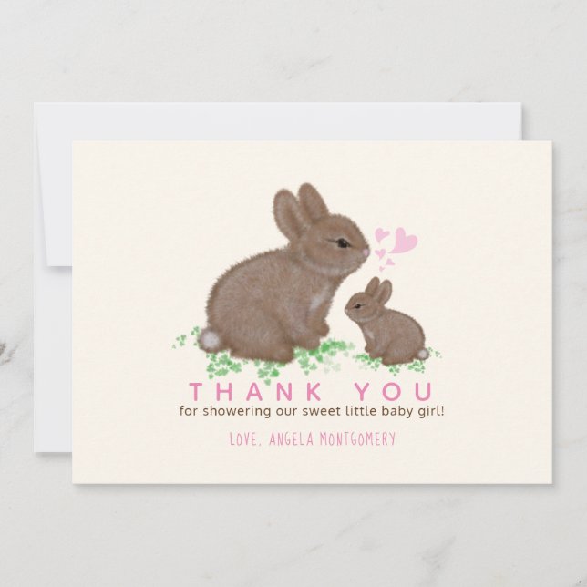 Adorable Bunnies Hearts Girl Baby Shower Thank You Card (Front)