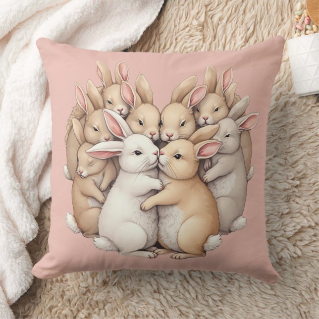 Adorable Bunnies in a Cosy Pastel Hug Illustration Cushion (Blanket)