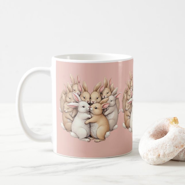 Adorable Bunnies in a Cosy Pastel Hug Pink Coffee Mug (With Donut)