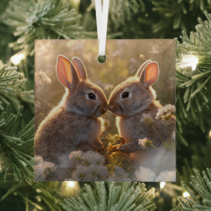 Adorable Bunnies in Spring Meadow Design Glass Tree Decoration
