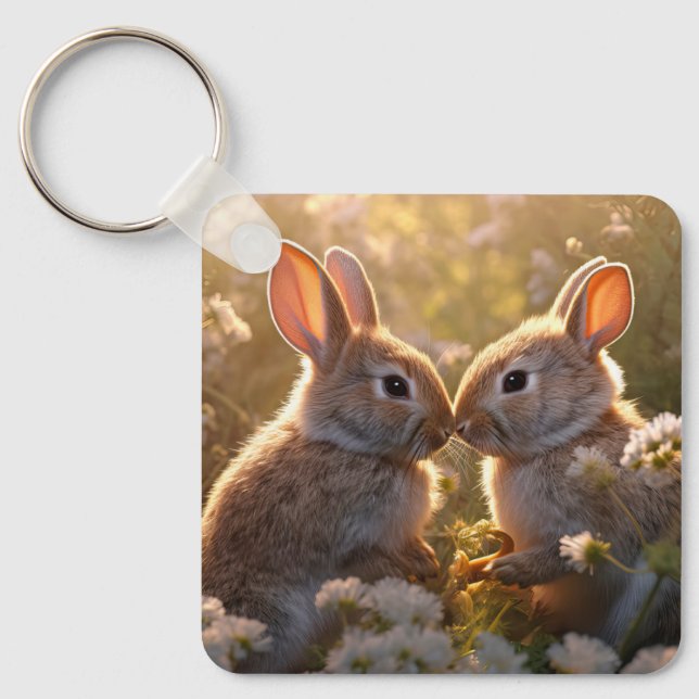 Adorable Bunnies in Spring Meadow Design Key Ring (Front)