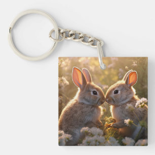 Adorable Bunnies in Spring Meadow Design Key Ring