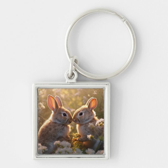 Adorable Bunnies in Spring Meadow Design Key Ring (Front)