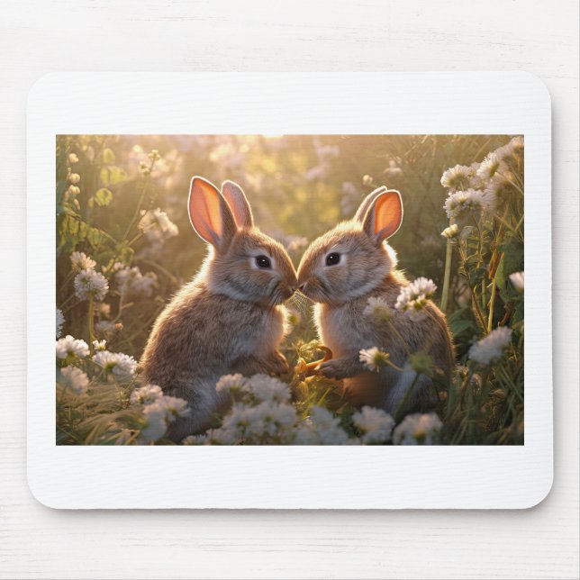 Adorable Bunnies in Spring Meadow Design Mouse Mat (Front)