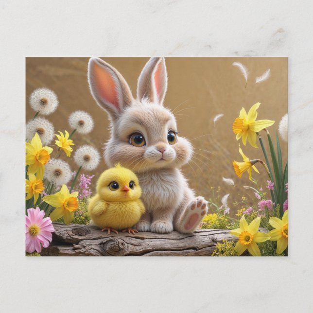 Adorable Bunny and Baby Chick in Spring Garden  Postcard (Front)