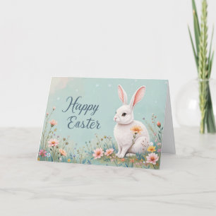 Adorable Bunny and Flowers Cute Easter Holiday Card