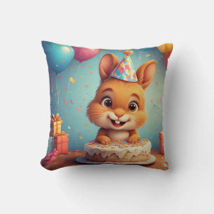 Adorable Bunny Celebrating Birthday with Cake Cushion