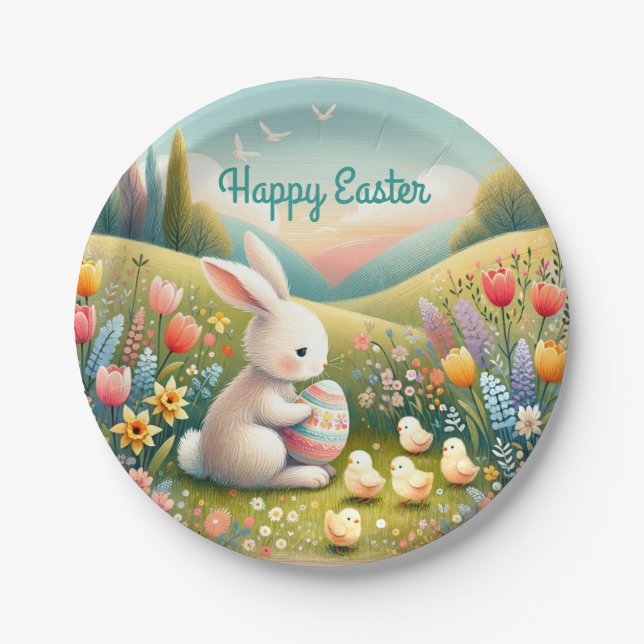 Adorable Bunny & Chicks Easter. Baby Bunny Easter, Paper Plate (Front)