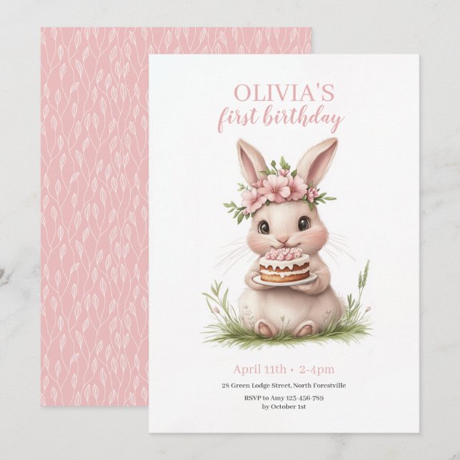 Adorable Bunny First Birthday Invitation 🎀🐰 (Front/Back)