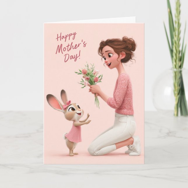 Adorable Bunny Gives Flowers for Mother’s Day Card (Front)