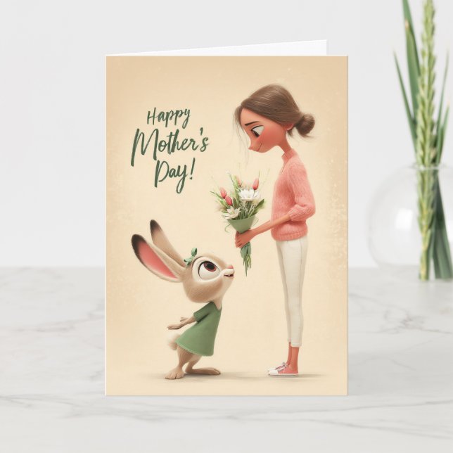 Adorable Bunny Giving Flowers Mother's Day Card (Front)