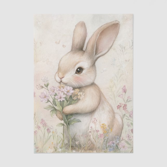 Adorable Bunny Holding a Bouquet of Wildflowers Tissue Paper (Front)