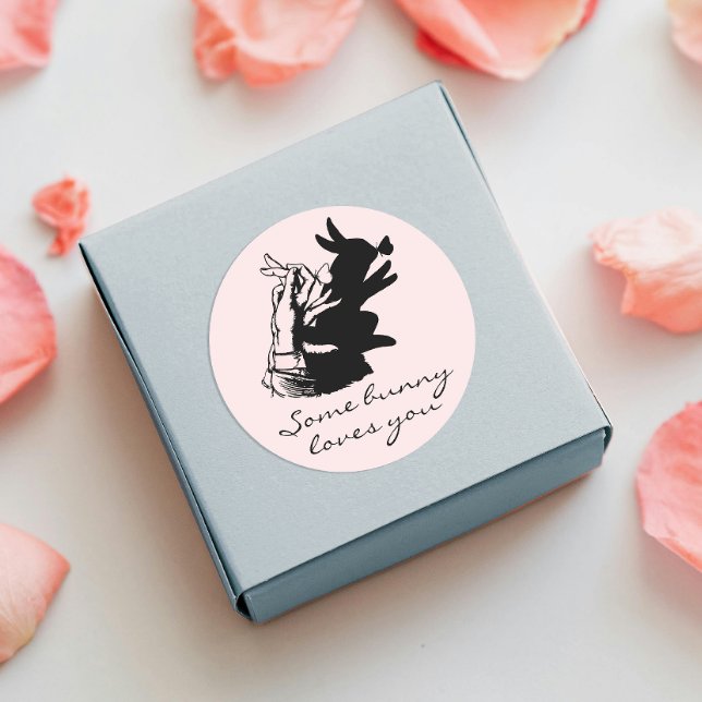 Adorable Bunny Love Pun Black Hand Shadow On Pink Classic Round Sticker (Creator Uploaded)