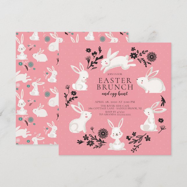 Adorable Bunny Party & Egg Hunt Easter Brunch Invitation (Front/Back)