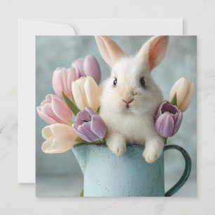 Adorable Bunny Peeking from a Pitcher of Tulips Holiday Card