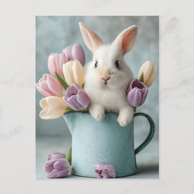 Adorable Bunny Peeking from a Pitcher of Tulips Holiday Postcard (Front)