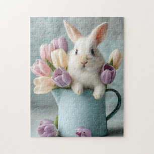 Adorable Bunny Peeking from a Pitcher of Tulips Jigsaw Puzzle