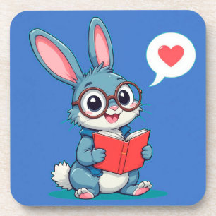 Adorable Bunny Wearing Glasses Reading a Book Coaster