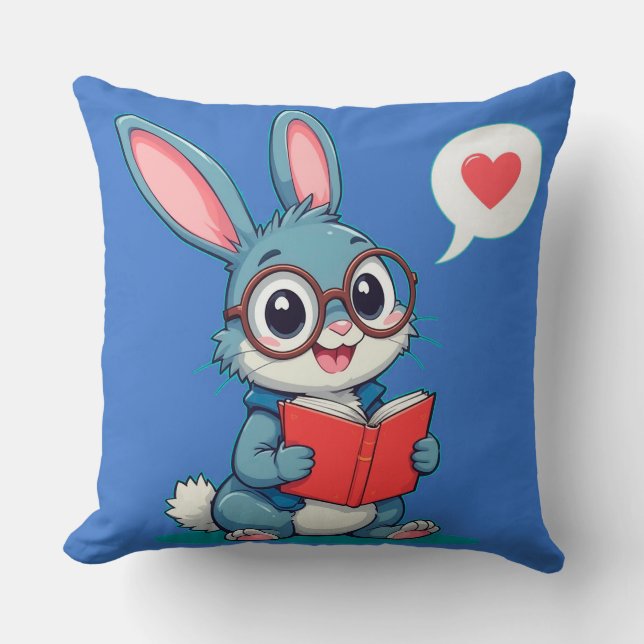 Adorable Bunny Wearing Glasses Reading a Book Cushion (Front)