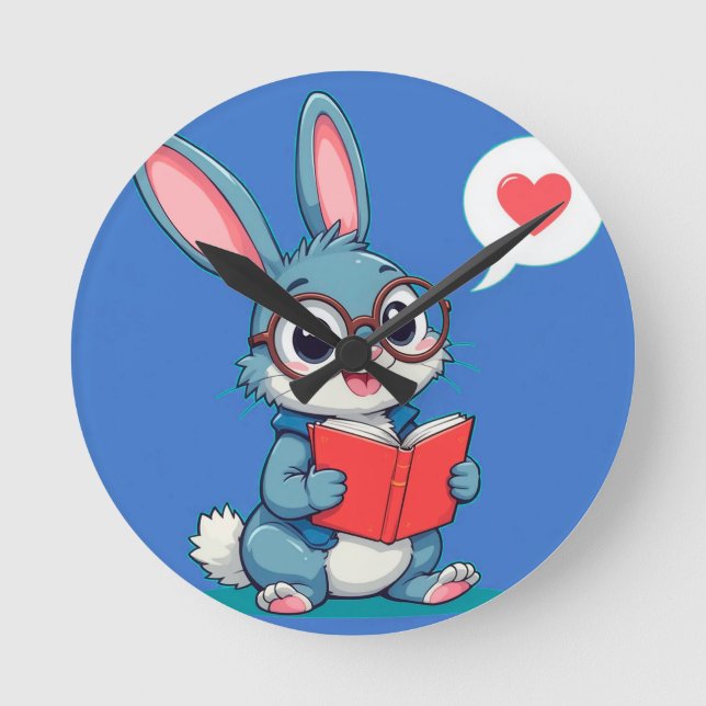 Adorable Bunny Wearing Glasses Reading a Book Round Clock (Front)