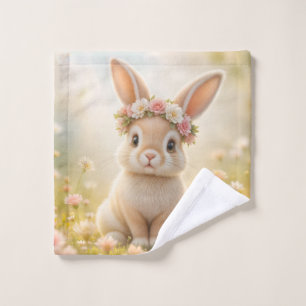 Adorable bunny with a flower wreath wash cloth