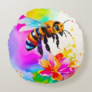 Adorable Busy Bee Watercolor Round Cushion