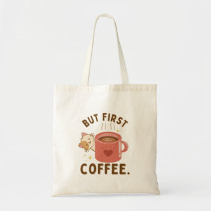 Adorable 'But First Coffee' Tote Bag Cat and Mug