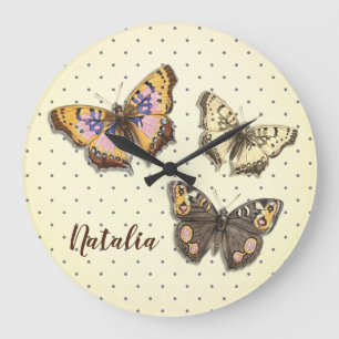 Adorable Butterflies With Polka Dots With Name Large Clock