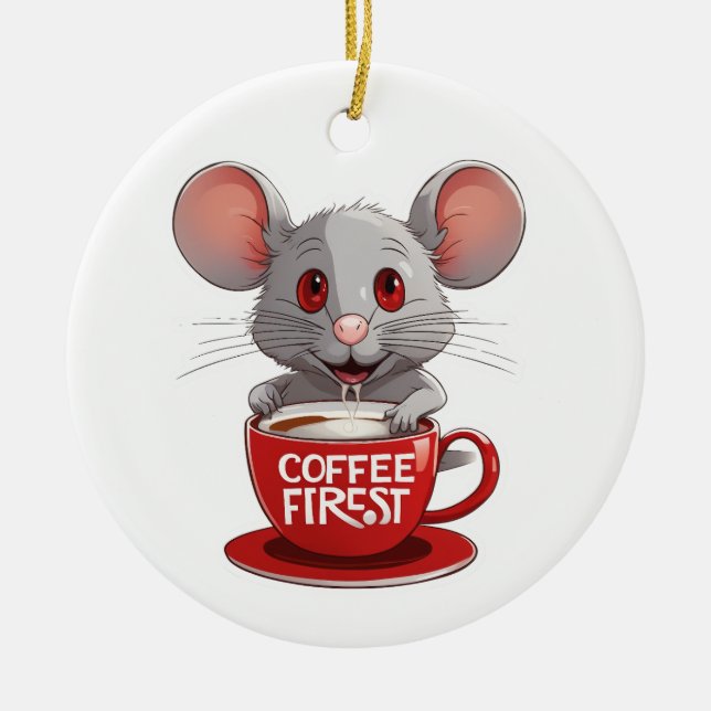 Adorable Caffeine Mouse in Red Mug Ceramic Tree Decoration (Front)