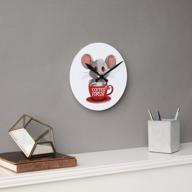 Adorable Caffeine Mouse in Red Mug Round Clock (Office)