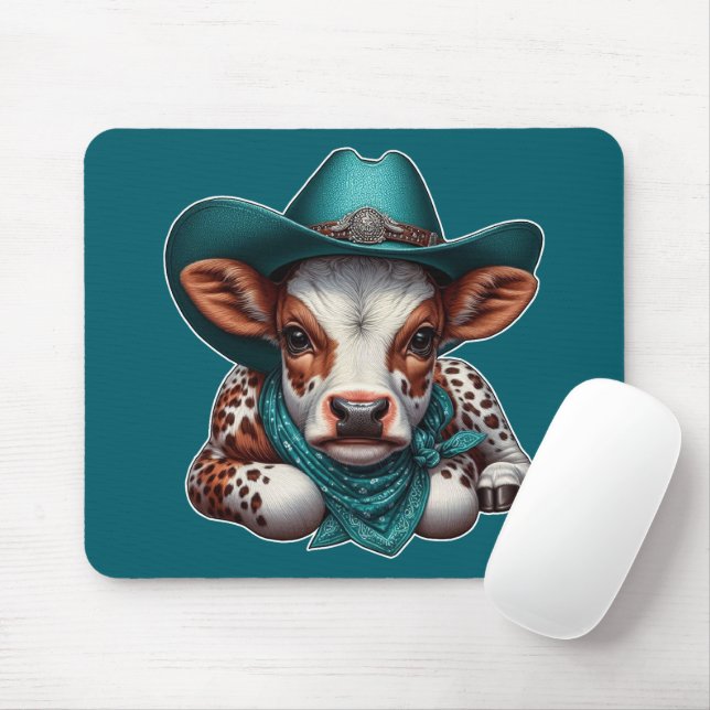Adorable Calf in Cowboy Hat and Bandanna Mouse Mat (With Mouse)