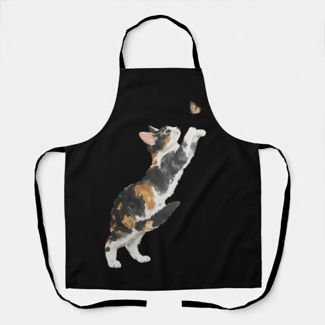 Adorable Calico Cat & Butterfly Watercolor  Apron (Front)