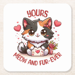 Adorable Calico Cat Valentine's Day Square Paper Coaster