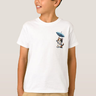 Adorable Calico Kitten Holding Blue Umbrella Kids T-Shirt