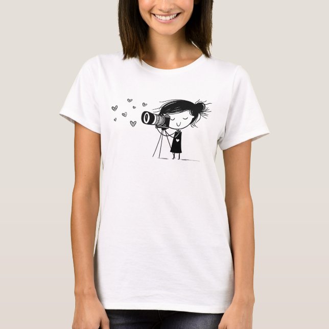 Adorable Camera Girl with Hearts Funny Photography T-Shirt (Front)
