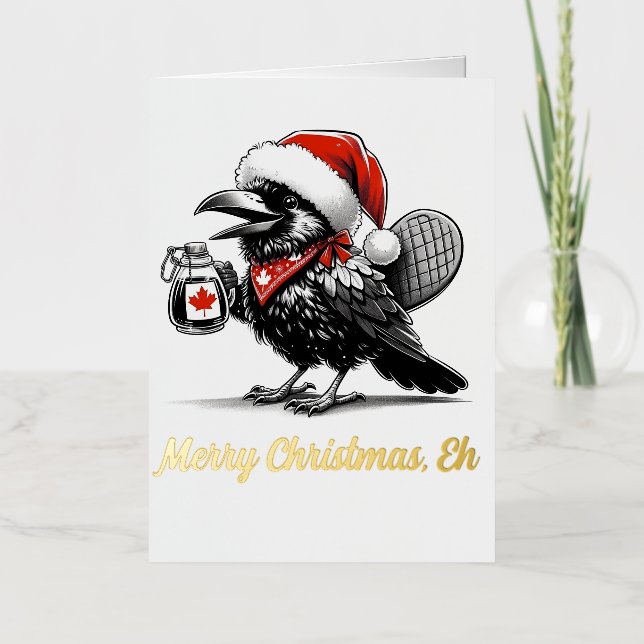 Adorable Canadian Christmas Raven Foil Greeting Card (Front)