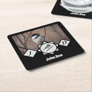 Adorable Carolina Chickadee Monogram Photo Square Paper Coaster