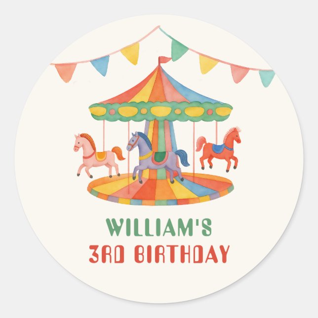 Adorable Carousel Birthday Classic Round Sticker (Front)