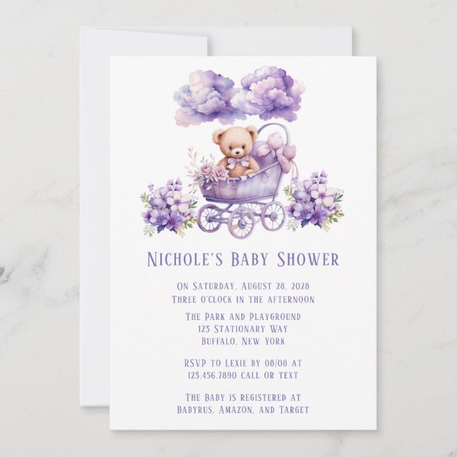 Adorable Carriage Teddy Bear Girl Baby Shower Invitation (Front)