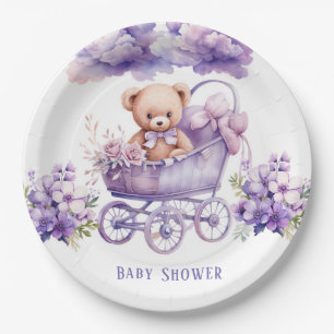 Adorable Carriage Teddy Bear Girl Baby Shower Paper Plate
